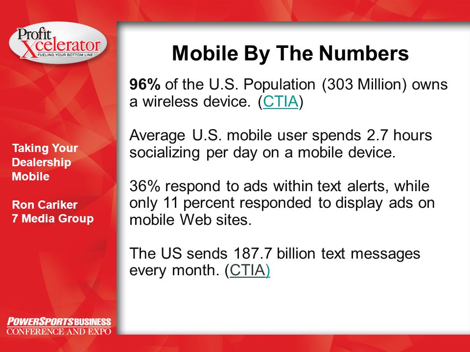 Taking Your Dealership Mobile Ron Cariker 7 Media Group Mobile By The Numbers 96% of the U.S.