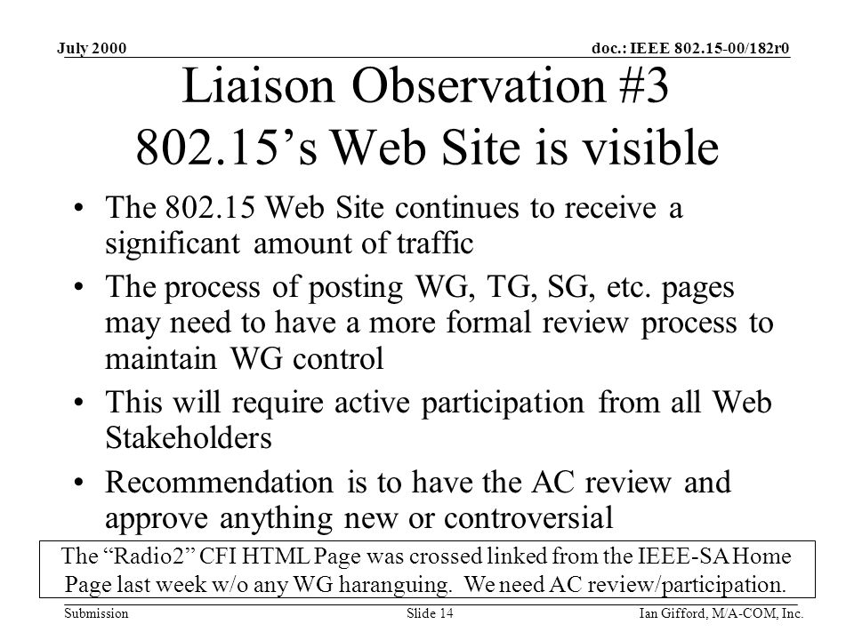doc.: IEEE /182r0 Submission July 2000 Ian Gifford, M/A-COM, Inc.Slide 14 Liaison Observation # ’s Web Site is visible The Web Site continues to receive a significant amount of traffic The process of posting WG, TG, SG, etc.