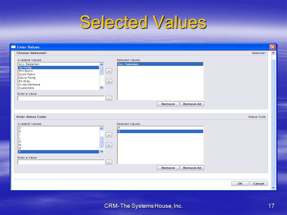 CRM- The Systems House, Inc.17 Selected Values