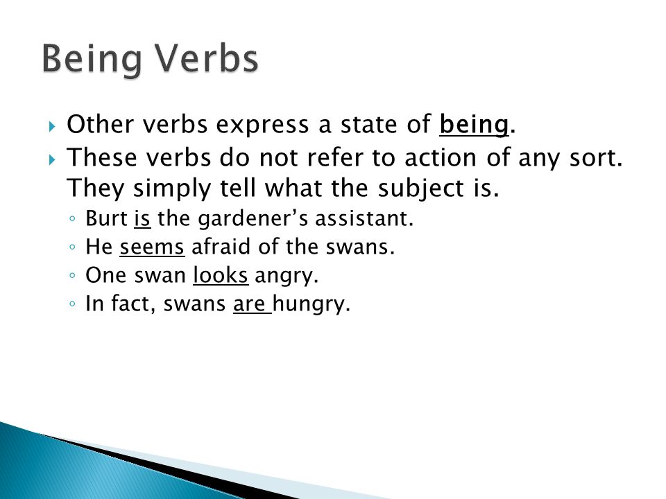  Other verbs express a state of being.  These verbs do not refer to action of any sort.
