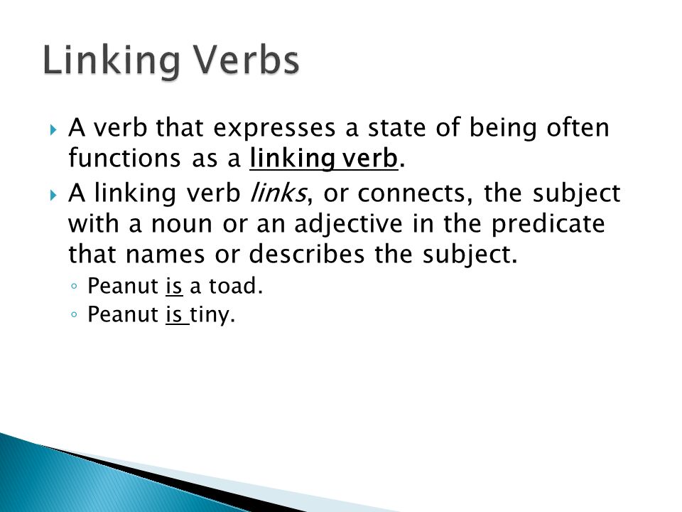  A verb that expresses a state of being often functions as a linking verb.