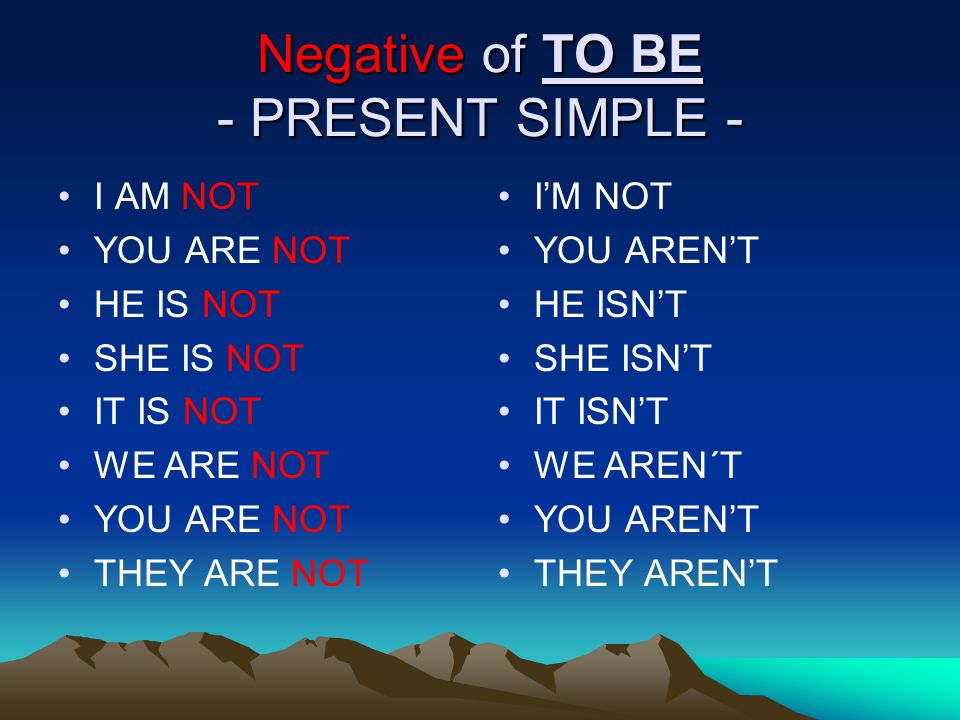 Negative of TO BE - PRESENT SIMPLE - I AM NOT YOU ARE NOT HE IS NOT SHE IS NOT IT IS NOT WE ARE NOT YOU ARE NOT THEY ARE NOT I’M NOT YOU AREN’T HE ISN’T SHE ISN’T IT ISN’T WE AREN´T YOU AREN’T THEY AREN’T