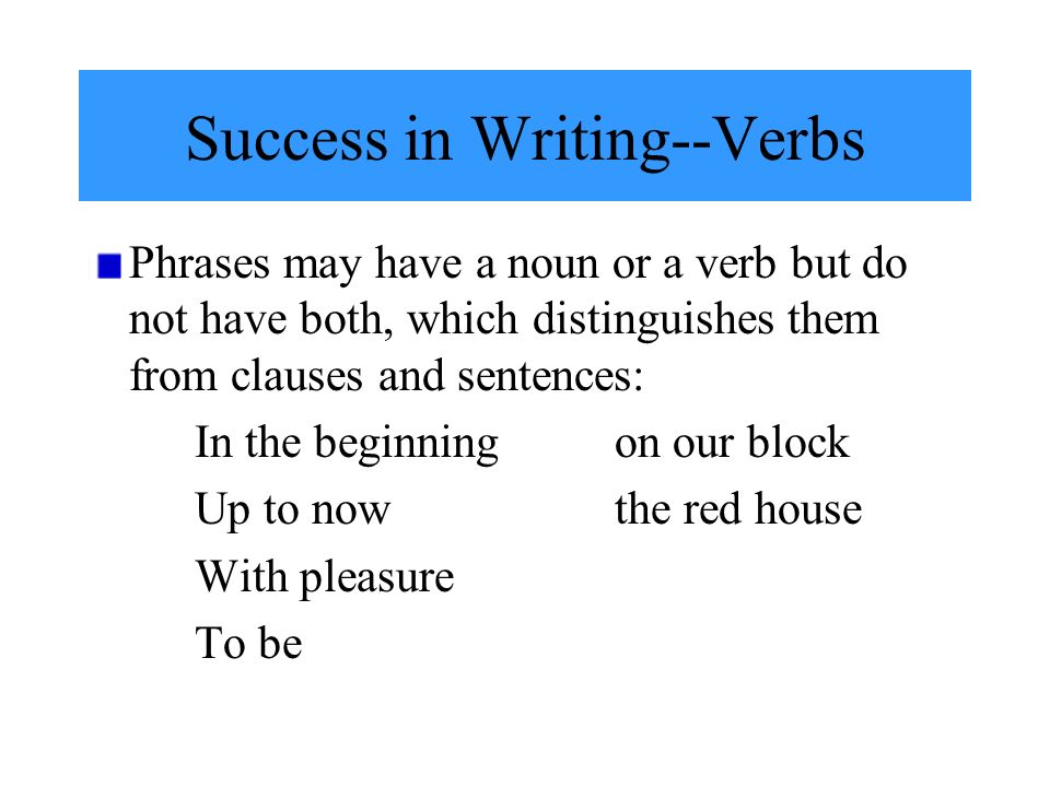 Success in Writing--Verbs Phrases may have a noun or a verb but do not have both, which distinguishes them from clauses and sentences: In the beginningon our block Up to nowthe red house With pleasure To be