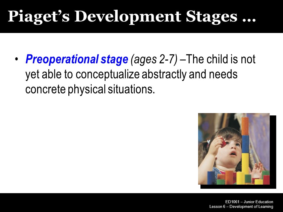 Piaget’s Development Stages … Preoperational stage (ages 2-7) –The child is not yet able to conceptualize abstractly and needs concrete physical situations.