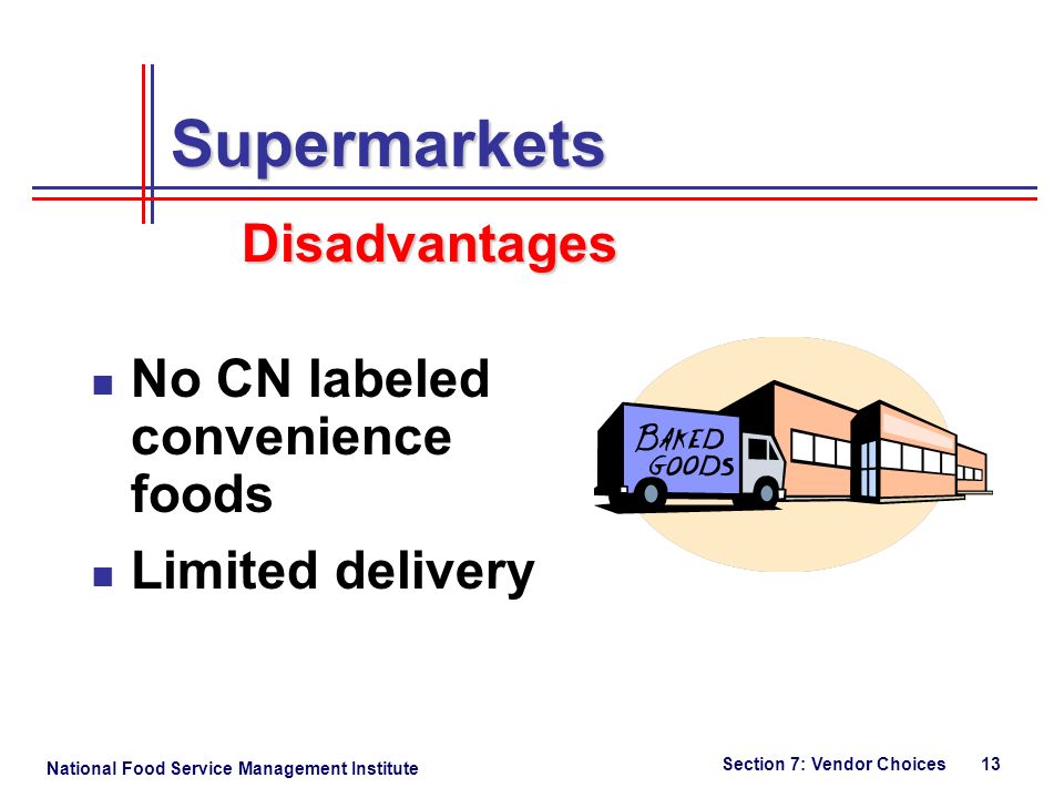 National Food Service Management Institute Section 7: Vendor Choices 13 Supermarkets No CN labeled convenience foods Limited delivery Disadvantages