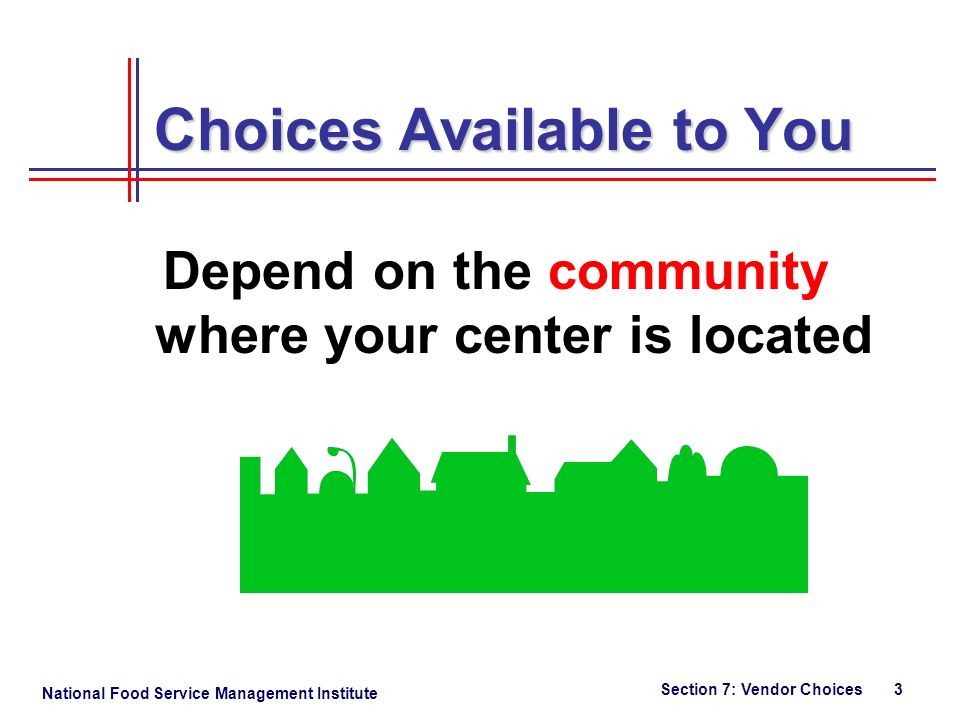 National Food Service Management Institute Section 7: Vendor Choices 3 Choices Available to You Depend on the community where your center is located