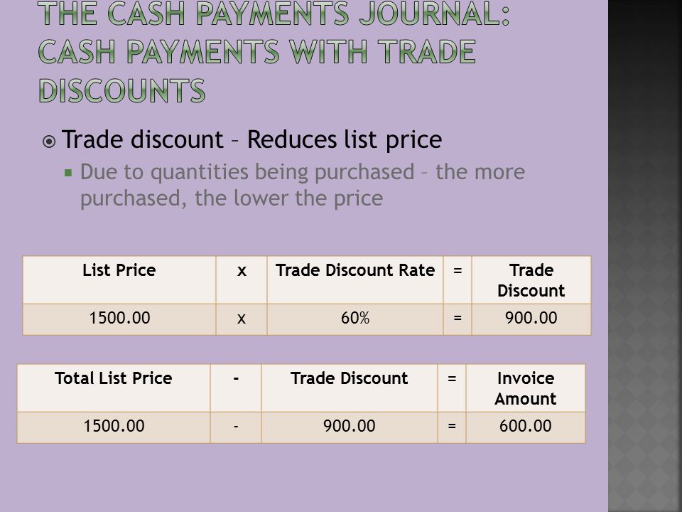  Trade discount – Reduces list price  Due to quantities being purchased – the more purchased, the lower the price List PricexTrade Discount Rate=Trade Discount x60%= Total List Price-Trade Discount=Invoice Amount =600.00