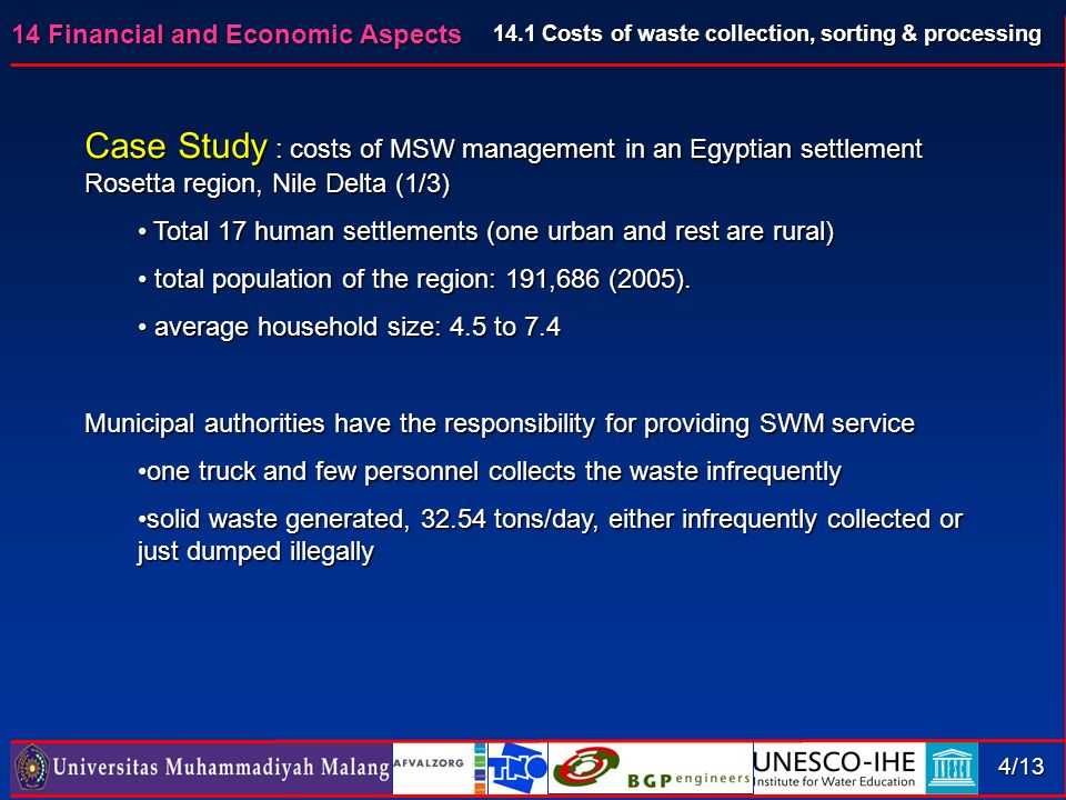 14 Financial and Economic Aspects 4/13 Case Study : costs of MSW management in an Egyptian settlement Rosetta region, Nile Delta (1/3) Total 17 human settlements (one urban and rest are rural) Total 17 human settlements (one urban and rest are rural) total population of the region: 191,686 (2005).