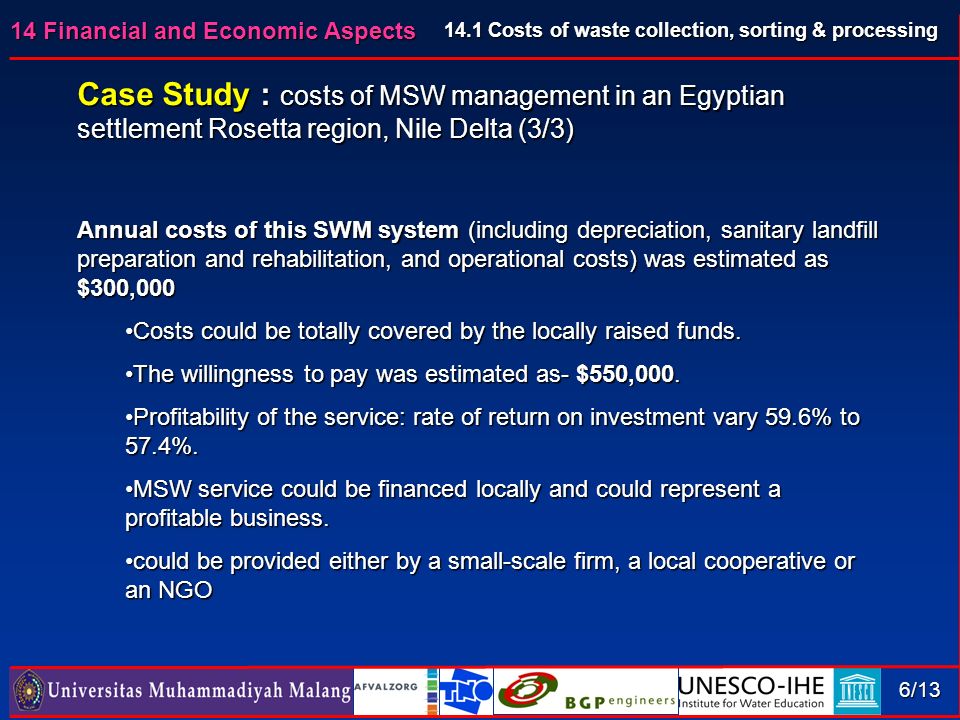 14 Financial and Economic Aspects 6/13 Case Study : costs of MSW management in an Egyptian settlement Rosetta region, Nile Delta (3/3) Annual costs of this SWM system (including depreciation, sanitary landfill preparation and rehabilitation, and operational costs) was estimated as $300,000 Costs could be totally covered by the locally raised funds.Costs could be totally covered by the locally raised funds.