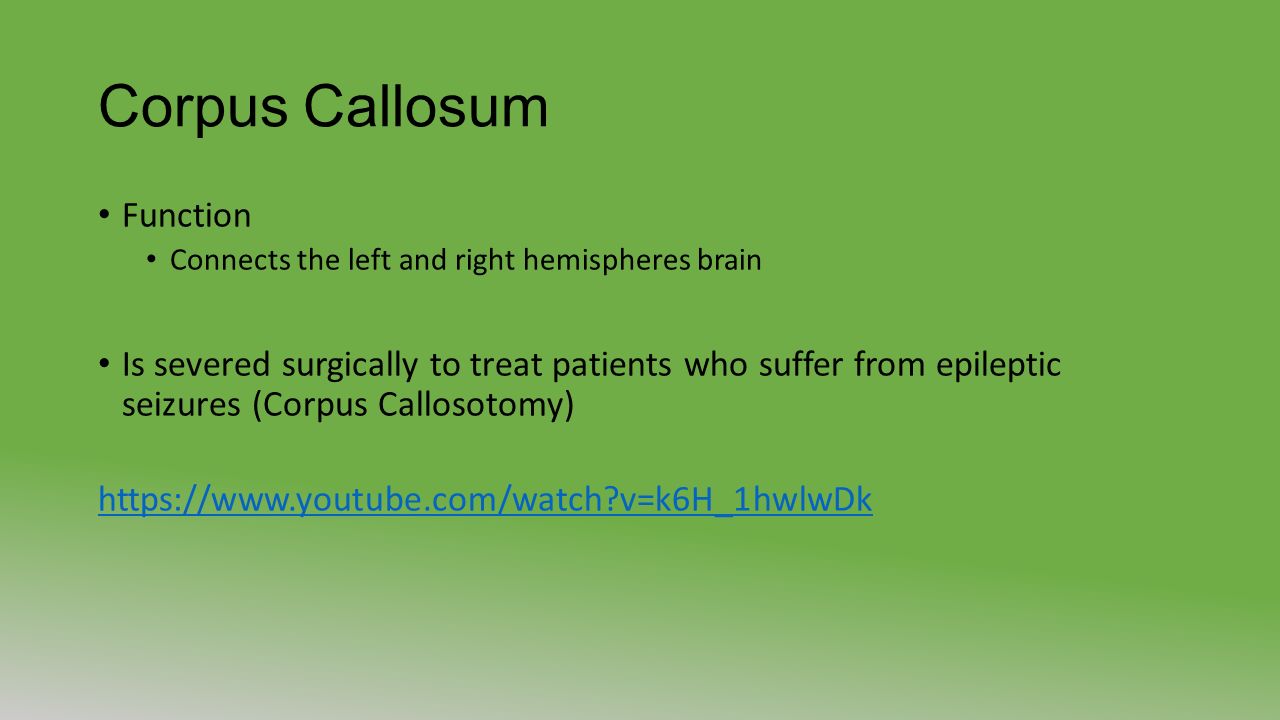 Corpus Callosum Function Connects the left and right hemispheres brain Is severed surgically to treat patients who suffer from epileptic seizures (Corpus Callosotomy)   v=k6H_1hwlwDk