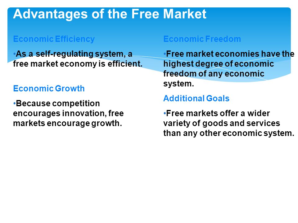Advantages of the Free Market Economic Efficiency As a self-regulating system, a free market economy is efficient.
