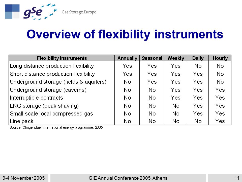 3-4 November 2005GIE Annual Conference 2005, Athens11 Overview of flexibility instruments