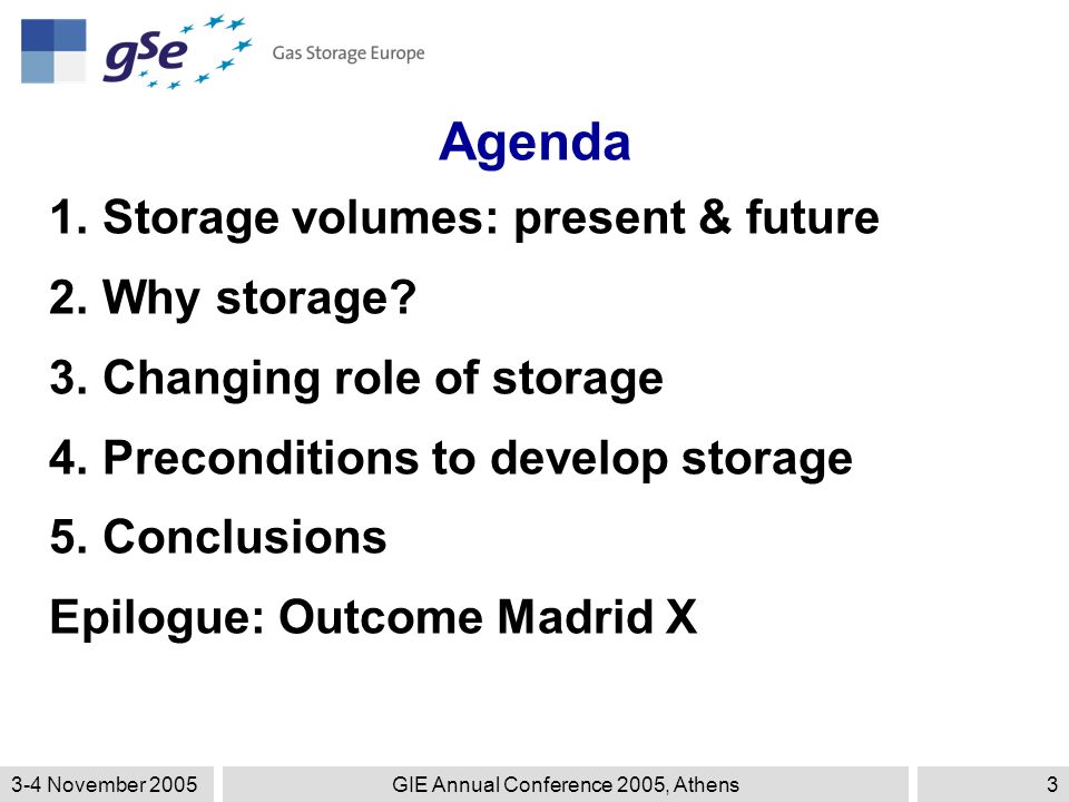 3-4 November 2005GIE Annual Conference 2005, Athens3 Agenda 1.Storage volumes: present & future 2.Why storage.