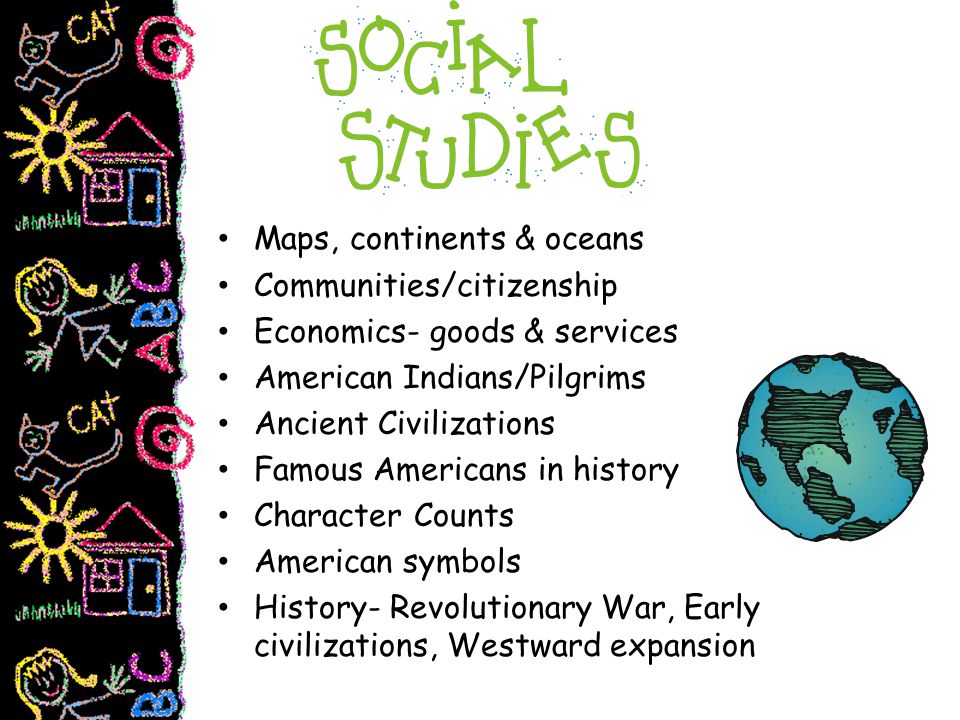 Maps, continents & oceans Communities/citizenship Economics- goods & services American Indians/Pilgrims Ancient Civilizations Famous Americans in history Character Counts American symbols History- Revolutionary War, Early civilizations, Westward expansion