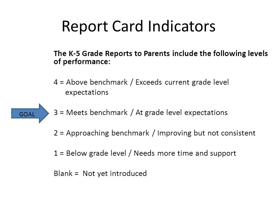 Report Card Indicators The K-5 Grade Reports to Parents include the following levels of performance: 4 = Above benchmark / Exceeds current grade level expectations 3 = Meets benchmark / At grade level expectations 2 = Approaching benchmark / Improving but not consistent 1 = Below grade level / Needs more time and support Blank = Not yet introduced GOAL