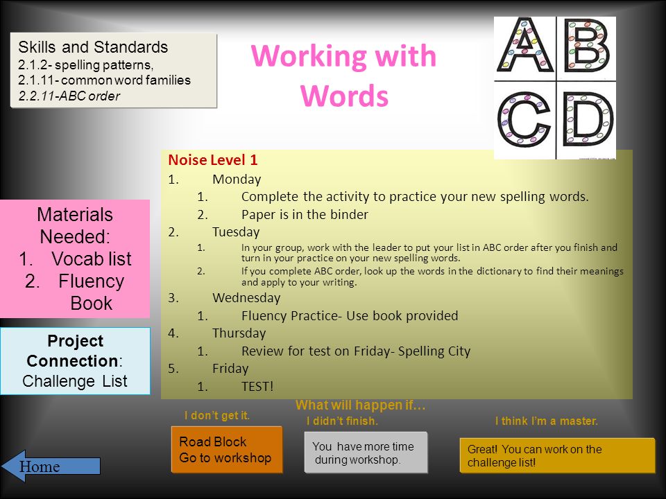 Working with Words Noise Level 1 1.Monday 1.Complete the activity to practice your new spelling words.