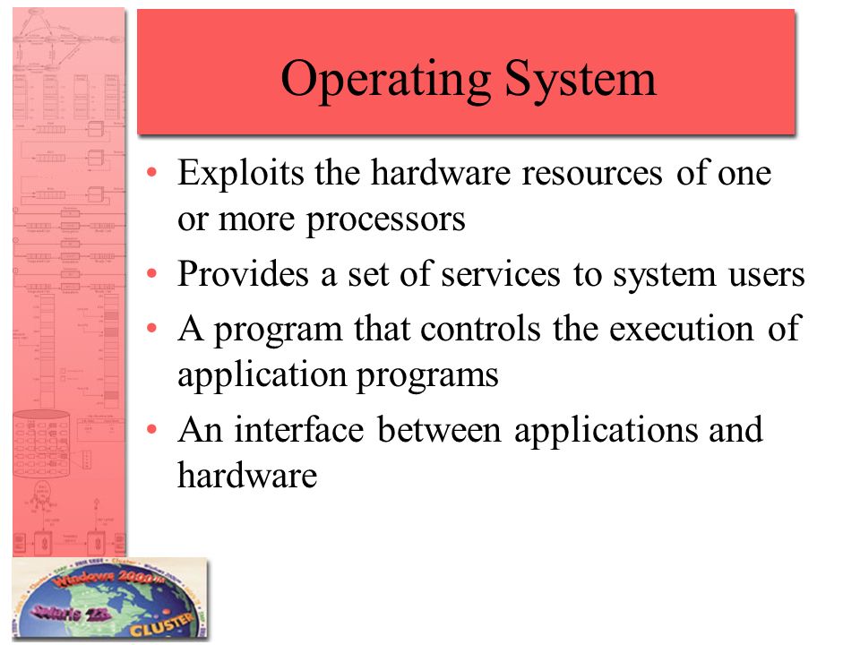 Operating System Exploits the hardware resources of one or more processors Provides a set of services to system users A program that controls the execution of application programs An interface between applications and hardware