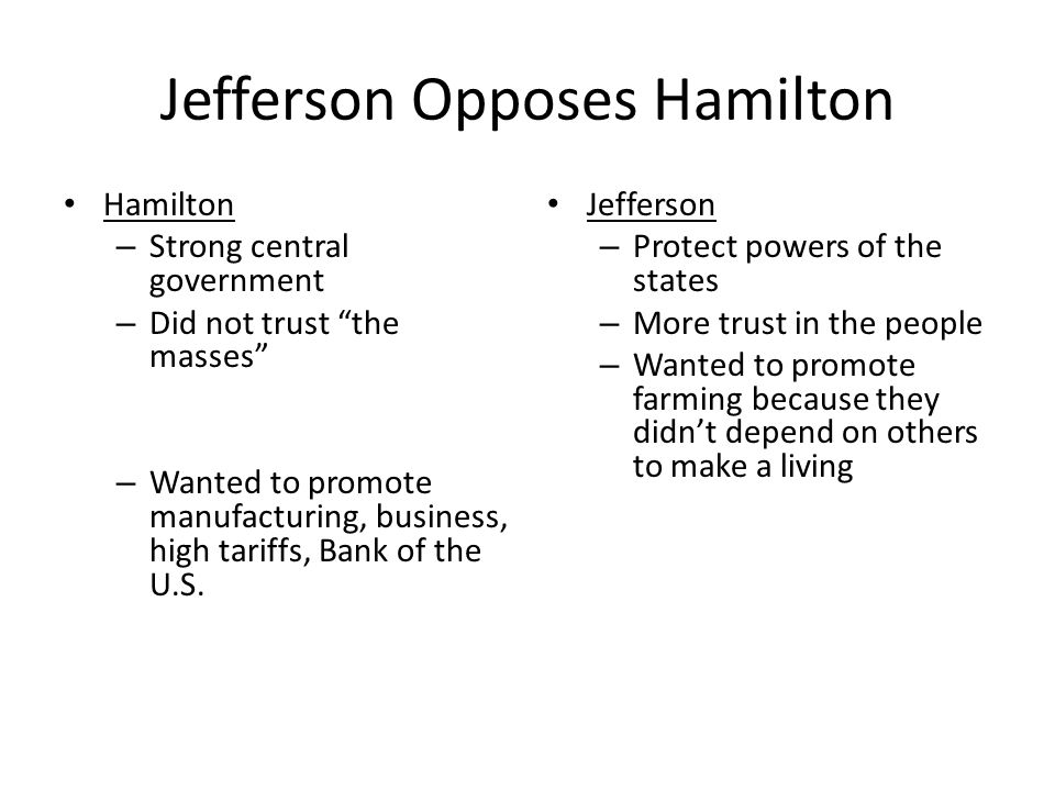 Jefferson Opposes Hamilton Hamilton – Strong central government – Did not trust the masses – Wanted to promote manufacturing, business, high tariffs, Bank of the U.S.