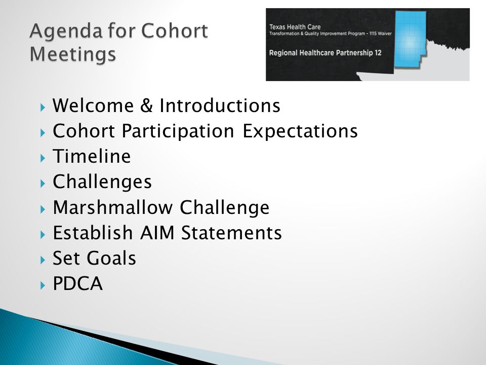  Welcome & Introductions  Cohort Participation Expectations  Timeline  Challenges  Marshmallow Challenge  Establish AIM Statements  Set Goals  PDCA