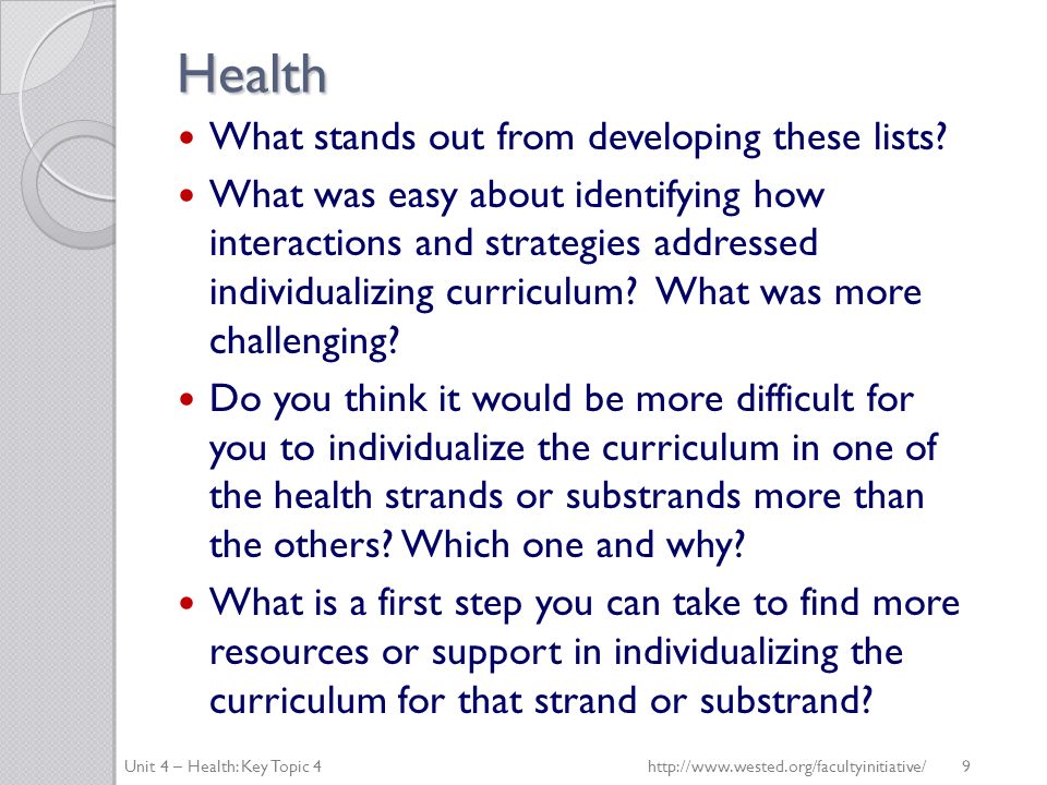 Health What stands out from developing these lists.