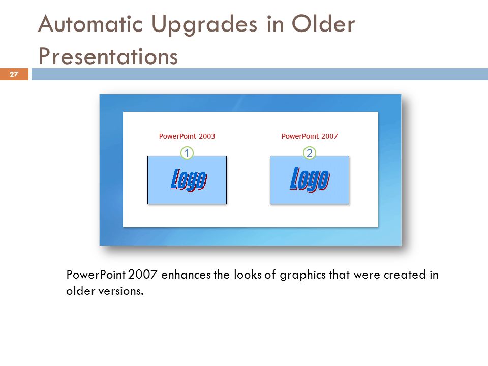 Automatic Upgrades in Older Presentations 27 PowerPoint 2007 enhances the looks of graphics that were created in older versions.