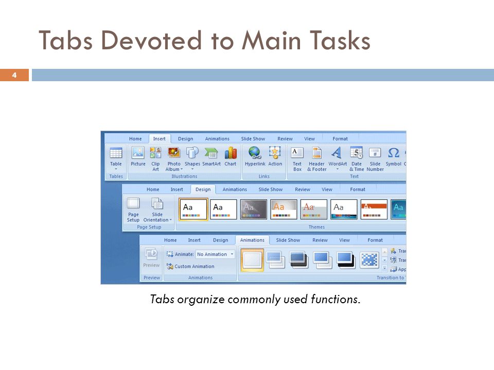 Tabs Devoted to Main Tasks 4 Tabs organize commonly used functions.