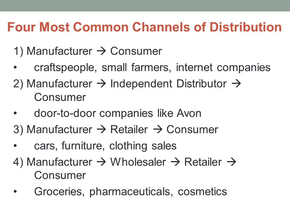 Four Most Common Channels of Distribution 1) Manufacturer  Consumer craftspeople, small farmers, internet companies 2) Manufacturer  Independent Distributor  Consumer door-to-door companies like Avon 3) Manufacturer  Retailer  Consumer cars, furniture, clothing sales 4) Manufacturer  Wholesaler  Retailer  Consumer Groceries, pharmaceuticals, cosmetics