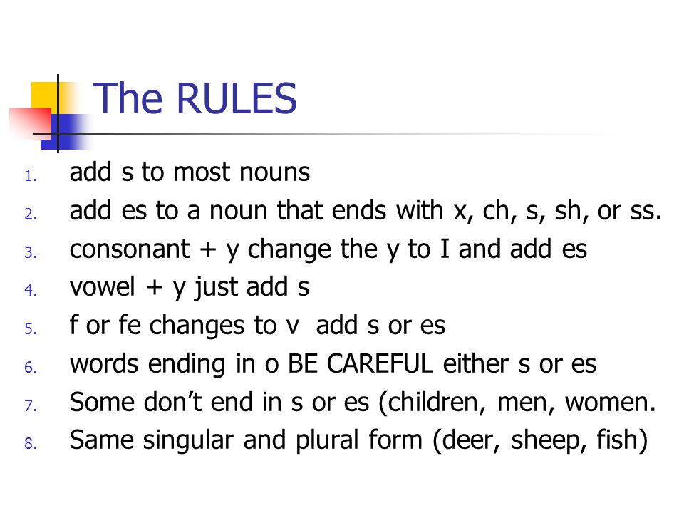 The RULES 1. add s to most nouns 2. add es to a noun that ends with x, ch, s, sh, or ss.