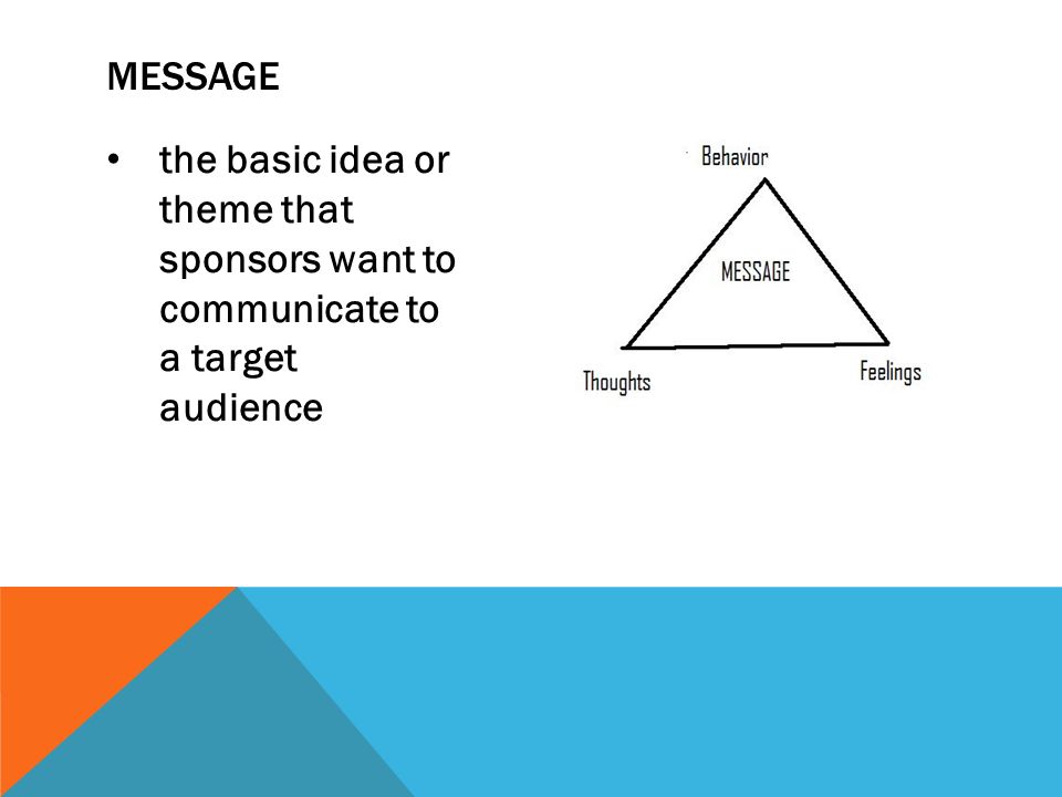 the basic idea or theme that sponsors want to communicate to a target audience MESSAGE