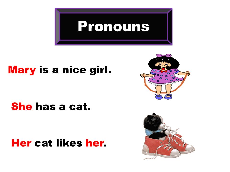 Mary is a nice girl. She has a cat. Her cat likes her. Pronouns