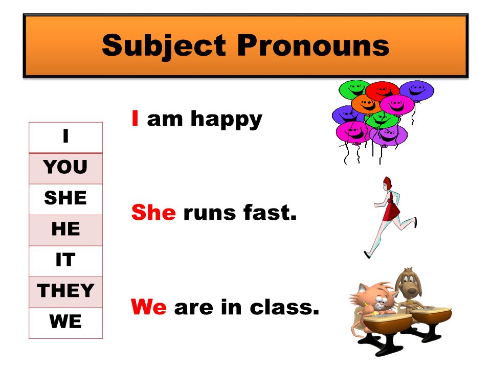 Subject Pronouns I am happy She runs fast. We are in class. I YOU SHE HE IT THEY WE