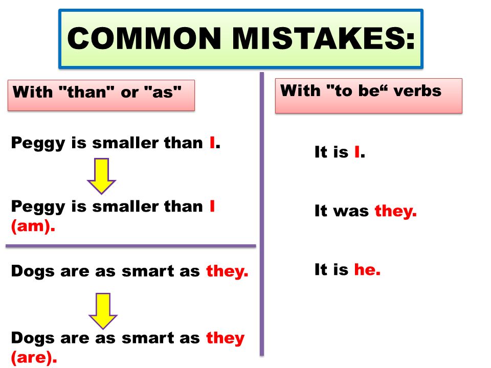 COMMON MISTAKES: With than or as With to be verbs Peggy is smaller than I.
