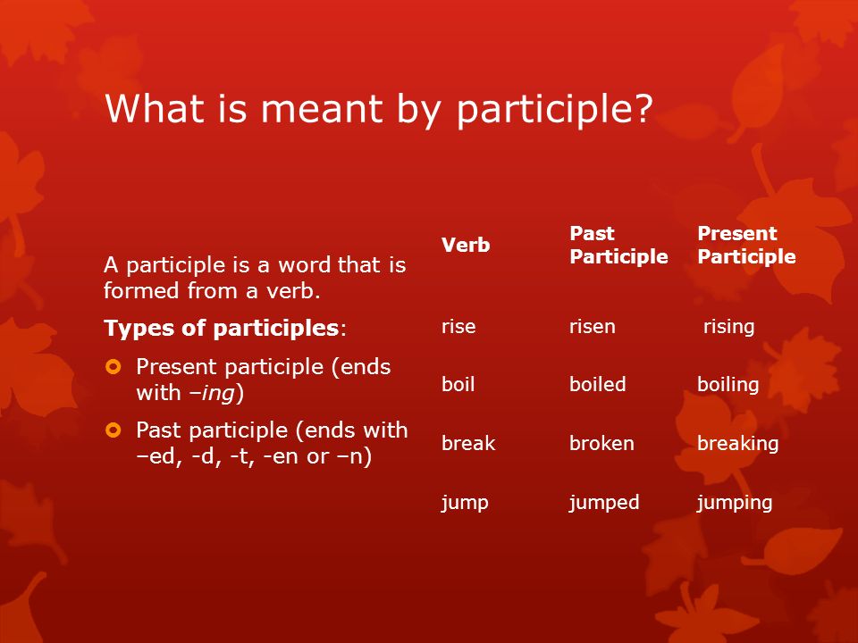 What is meant by participle. A participle is a word that is formed from a verb.