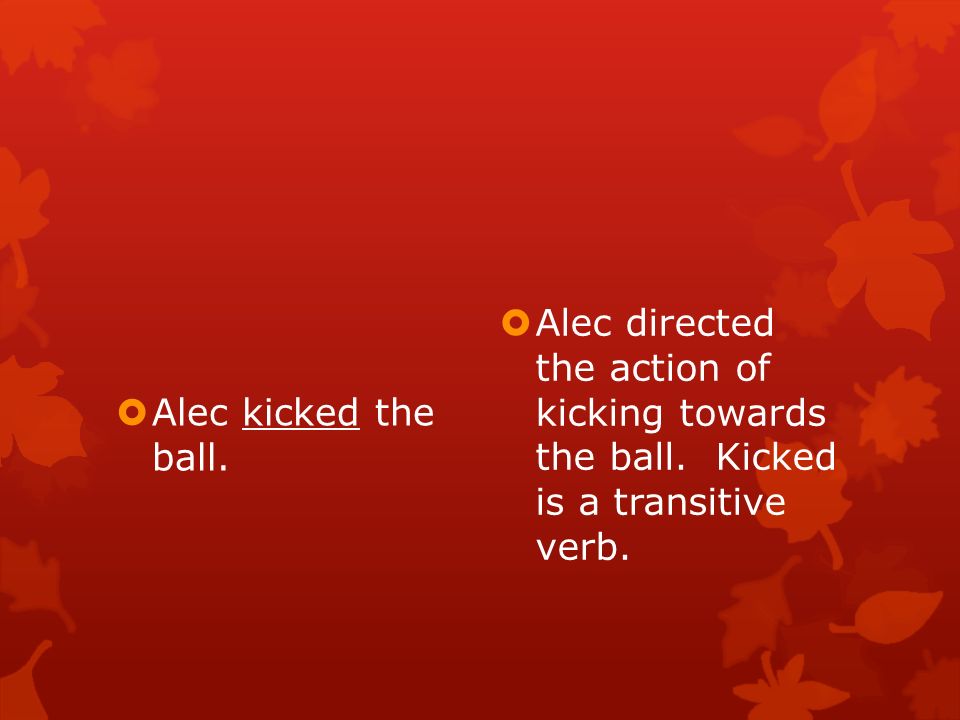  Alec kicked the ball.  Alec directed the action of kicking towards the ball.