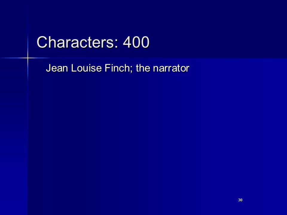 30 Characters: 400 Jean Louise Finch; the narrator