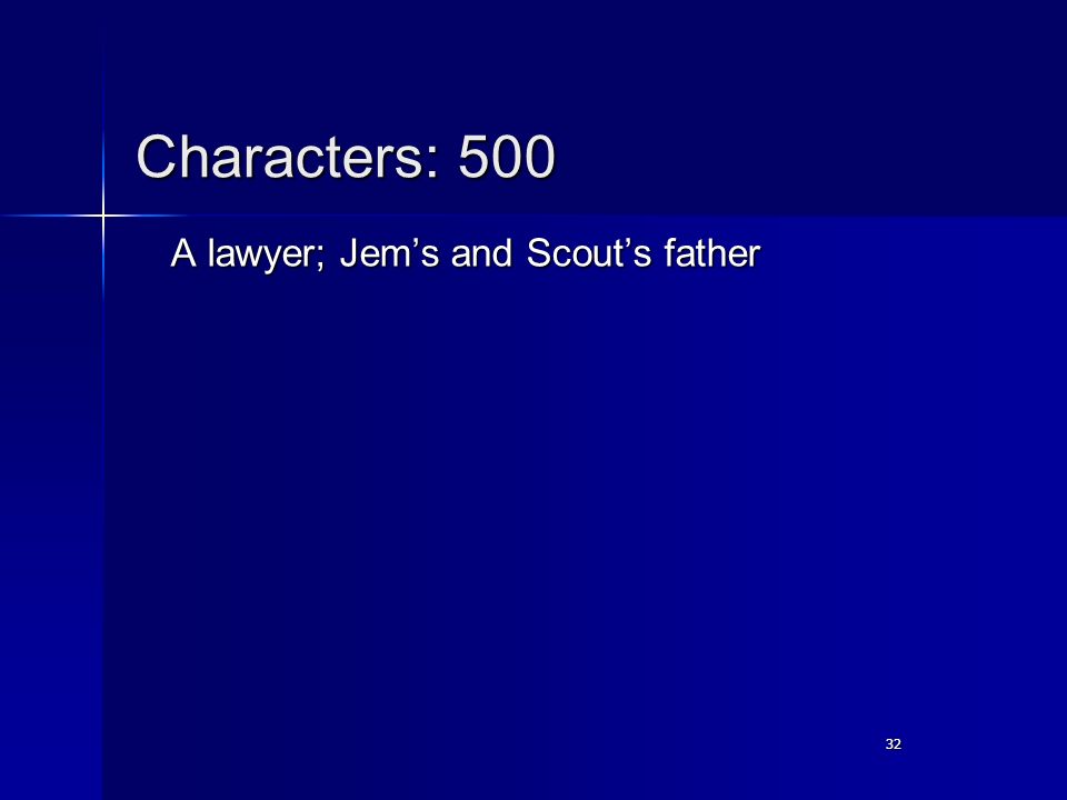 32 Characters: 500 A lawyer; Jem’s and Scout’s father