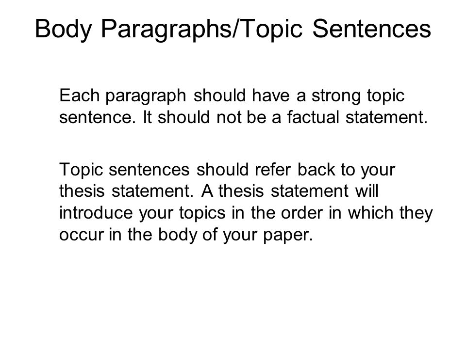 Body Paragraphs/Topic Sentences Each paragraph should have a strong topic sentence.