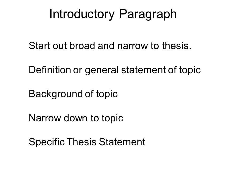 Introductory Paragraph Start out broad and narrow to thesis.