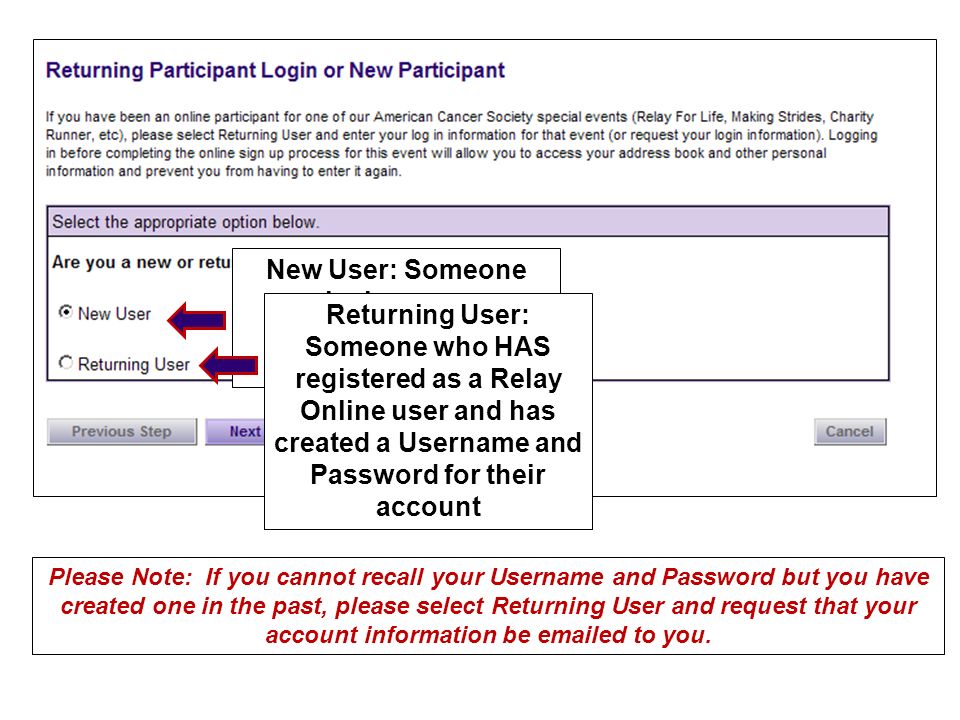 New User: Someone who has never registered as a Relay Online user Returning User: Someone who HAS registered as a Relay Online user and has created a Username and Password for their account Please Note: If you cannot recall your Username and Password but you have created one in the past, please select Returning User and request that your account information be  ed to you.