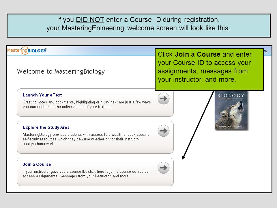 If you DID NOT enter a Course ID during registration, your MasteringEnineering welcome screen will look like this.