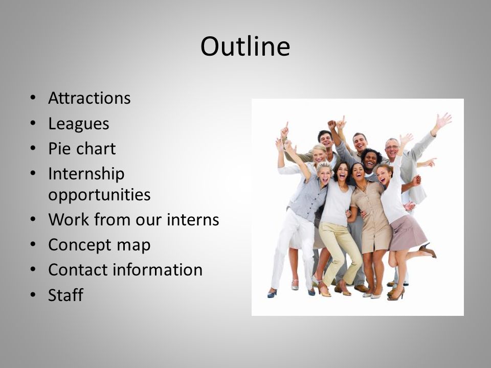 Outline Attractions Leagues Pie chart Internship opportunities Work from our interns Concept map Contact information Staff