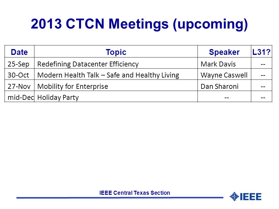 IEEE Central Texas Section 2013 CTCN Meetings (upcoming) DateTopicSpeakerL31.