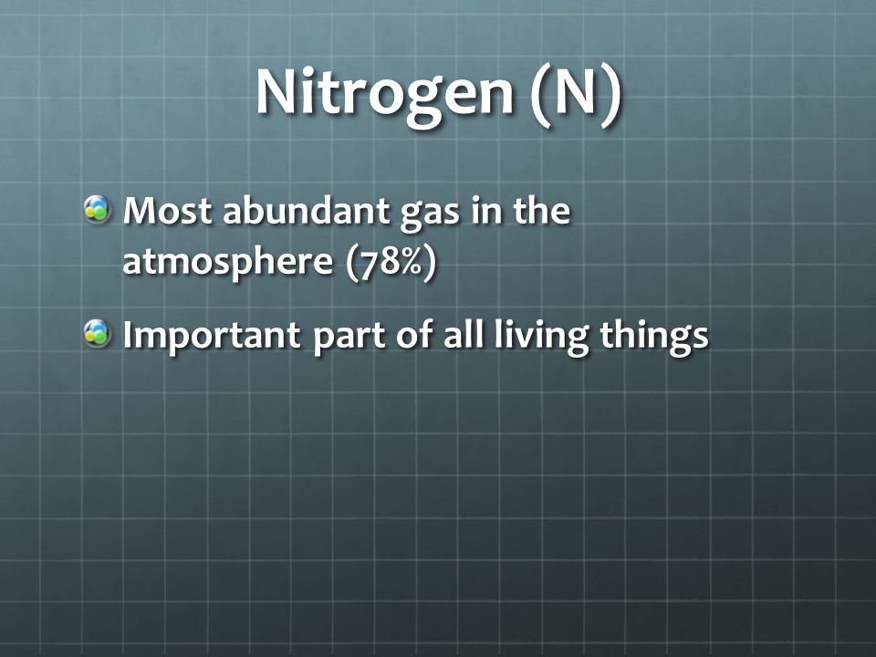 Nitrogen (N) Most abundant gas in the atmosphere (78%) Important part of all living things
