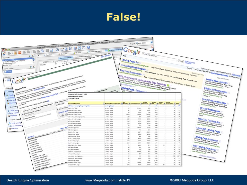 Search Engine Optimization   | slide 11 © 2009 Mequoda Group, LLC False!