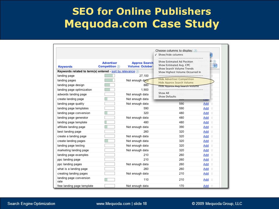 Search Engine Optimization   | slide 18 © 2009 Mequoda Group, LLC SEO for Online Publishers Mequoda.com Case Study