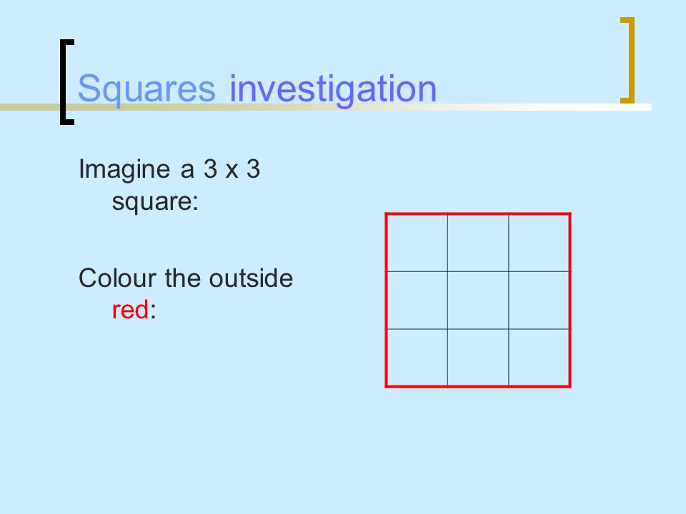 Squares investigation Imagine a 3 x 3 square: Colour the outside red: