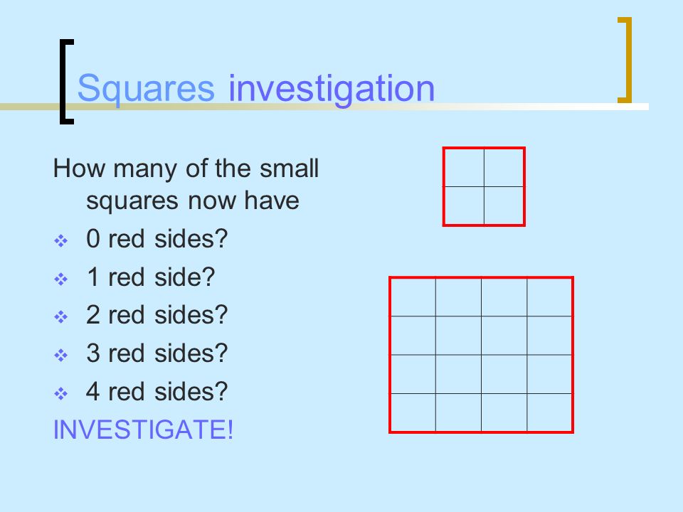 Squares investigation Now change the size of the starting square to 2 x 2 4 x 4 etc…
