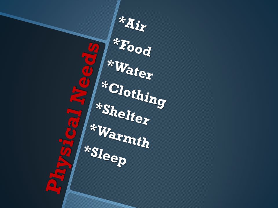 Physical Needs *Air*Food*Water*Clothing*Shelter*Warmth*Sleep