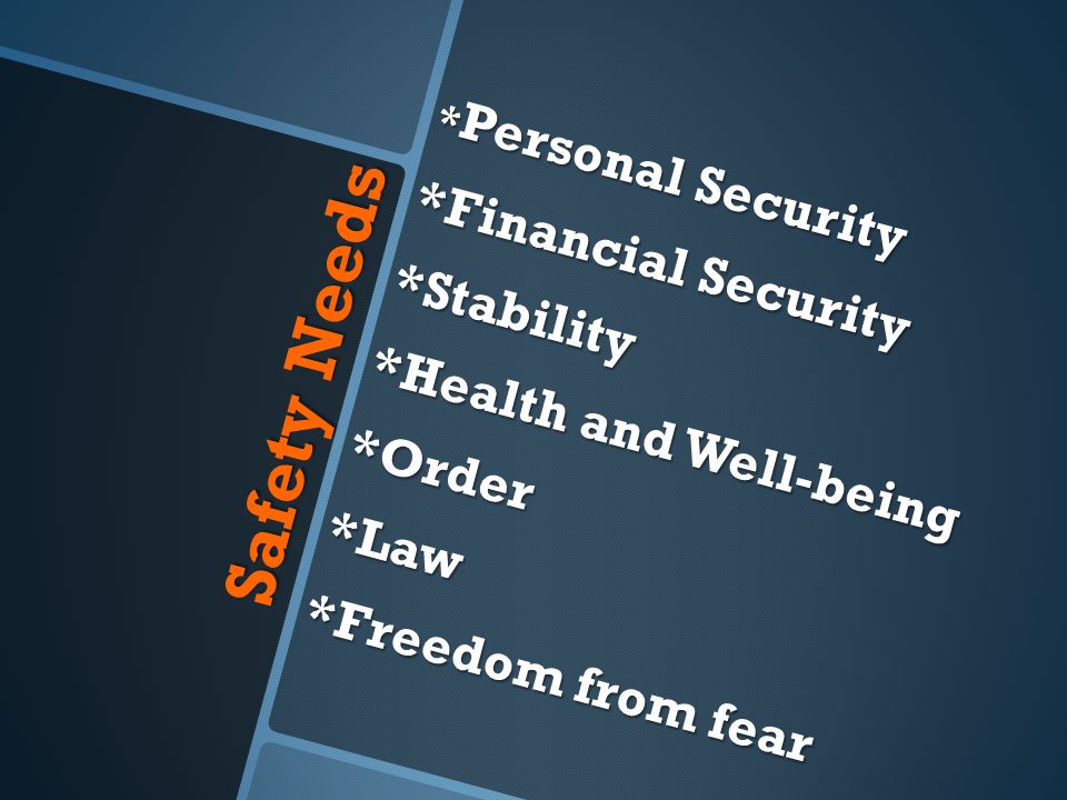 Safety Needs * Personal Security *Financial Security *Stability *Health and Well-being *Order*Law *Freedom from fear