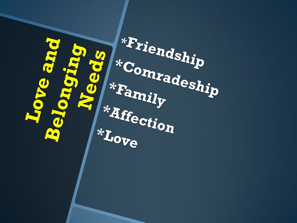 Love and Belonging Needs * Friendship *Comradeship*Family*Affection*Love